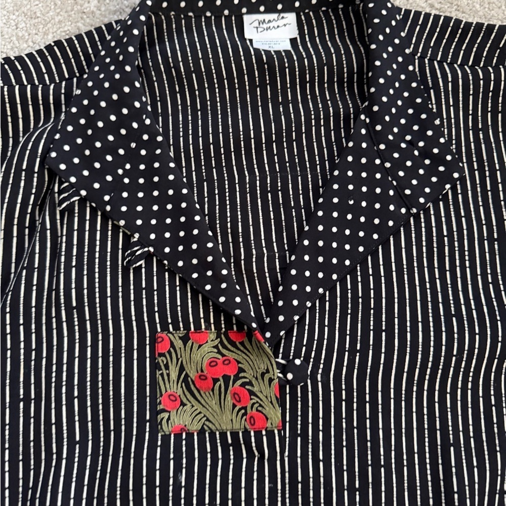 Marla Duran XL Black Rayon Art Polka Dot Collar | Floral Patch Detail | USA - Picture 12 of 16